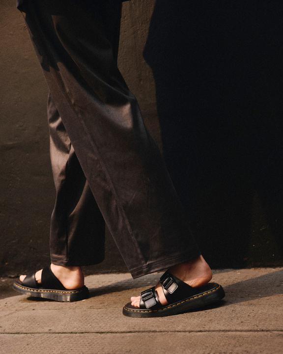 Dr. Martens Josef Analine Leather Buckle Slide Sandals Pretas | SN-DM85108